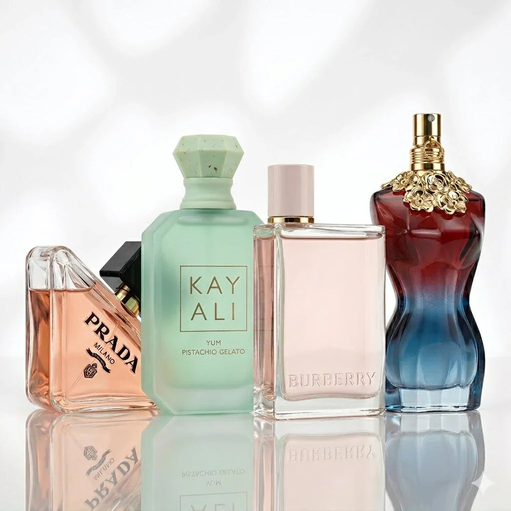 4 parfümből álló szett | Prada Paradoxe, Kayali Yum Pistachio Gelato, Burberry Her, Jean Paul Gaultier La Belle.