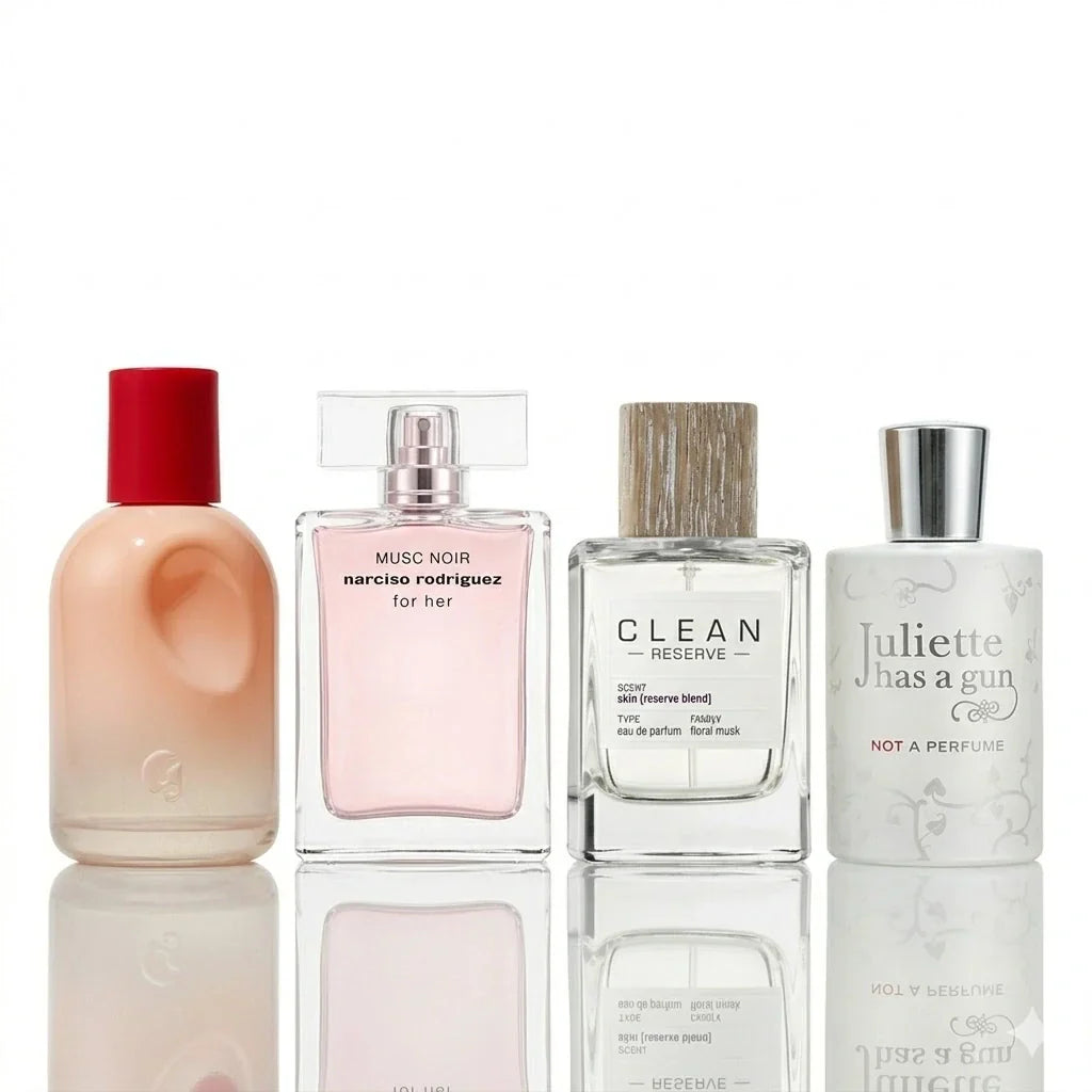 4 parfümből álló szett | Glossier You, Narciso Rodriguez For Her Musc Noir, Clean Reserve Skin, Juliette Has A Gun Not A Perfume