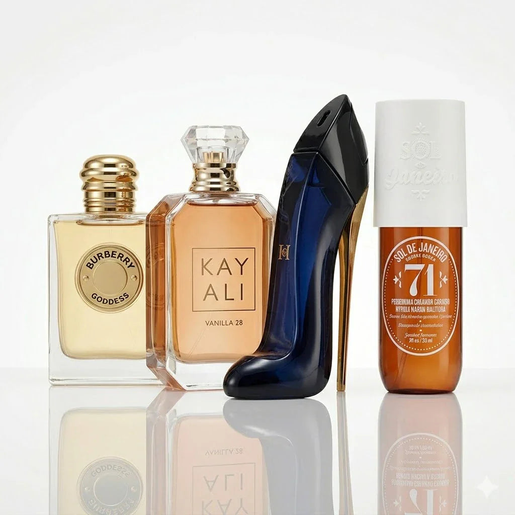 4 parfümből álló szett | Burberry Goddess, Kayali Vanilla 28, CH Good Girl, Sol de Janeiro '71.