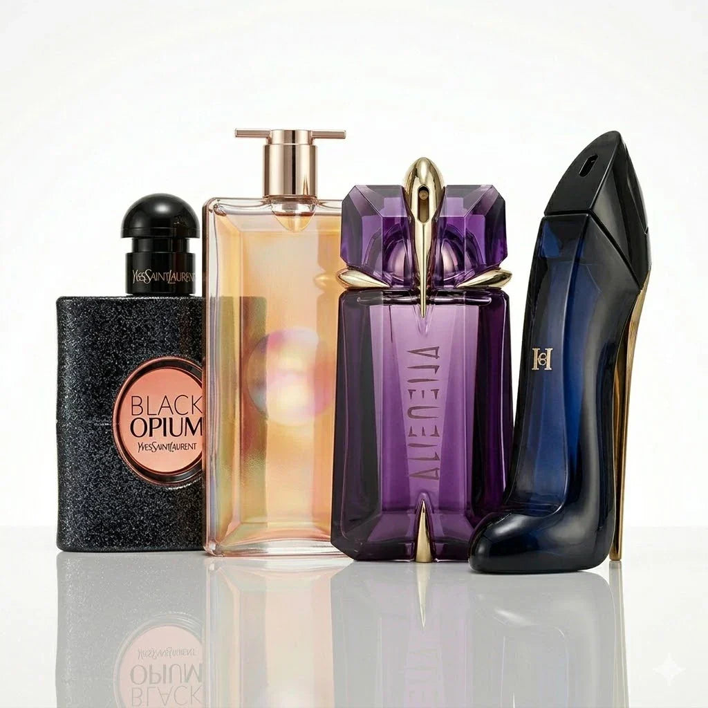 4 parfümből álló szett | YSL Black Opium, Lancôme Idôle, Mugler Alien, Carolina Herrera Good Girl.