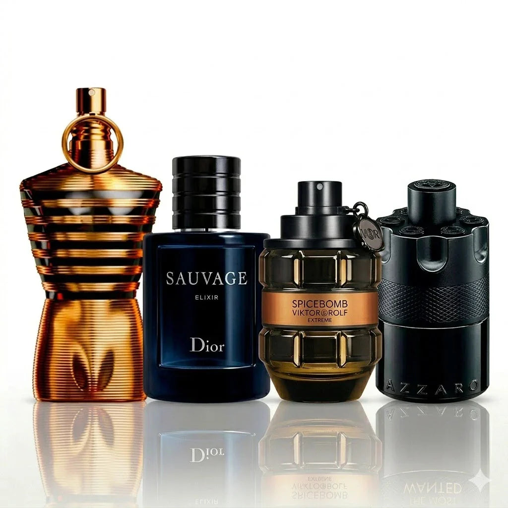 4 parfümből álló szett | Jean Paul Gaultier Le Male Elixir, Dior Sauvage Elixir, Viktor&Rolf Spicebomb Extreme, Azzaro The Most Wanted