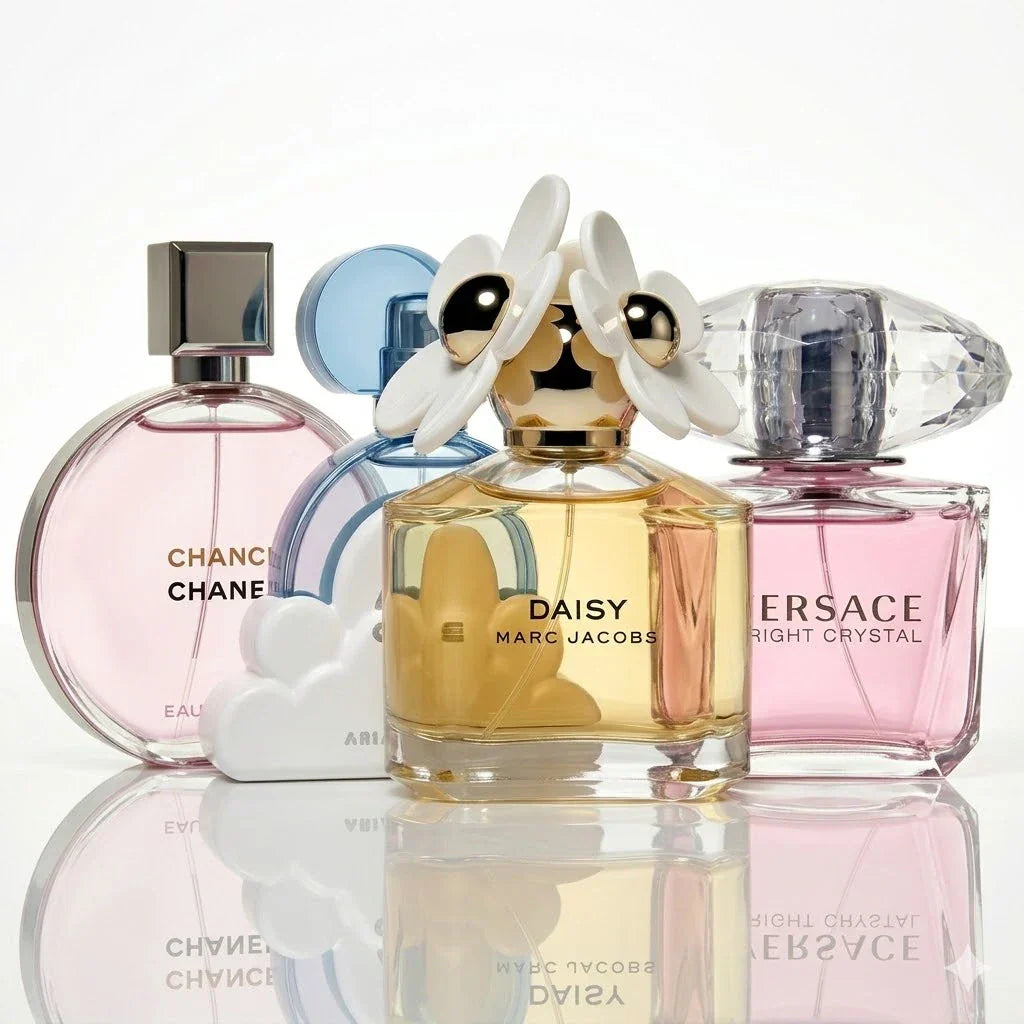 4 parfümből álló szett | Chanel Chance Eau Tendre, Ariana Grande Cloud, Marc Jacobs Daisy, Versace Bright Crystal.