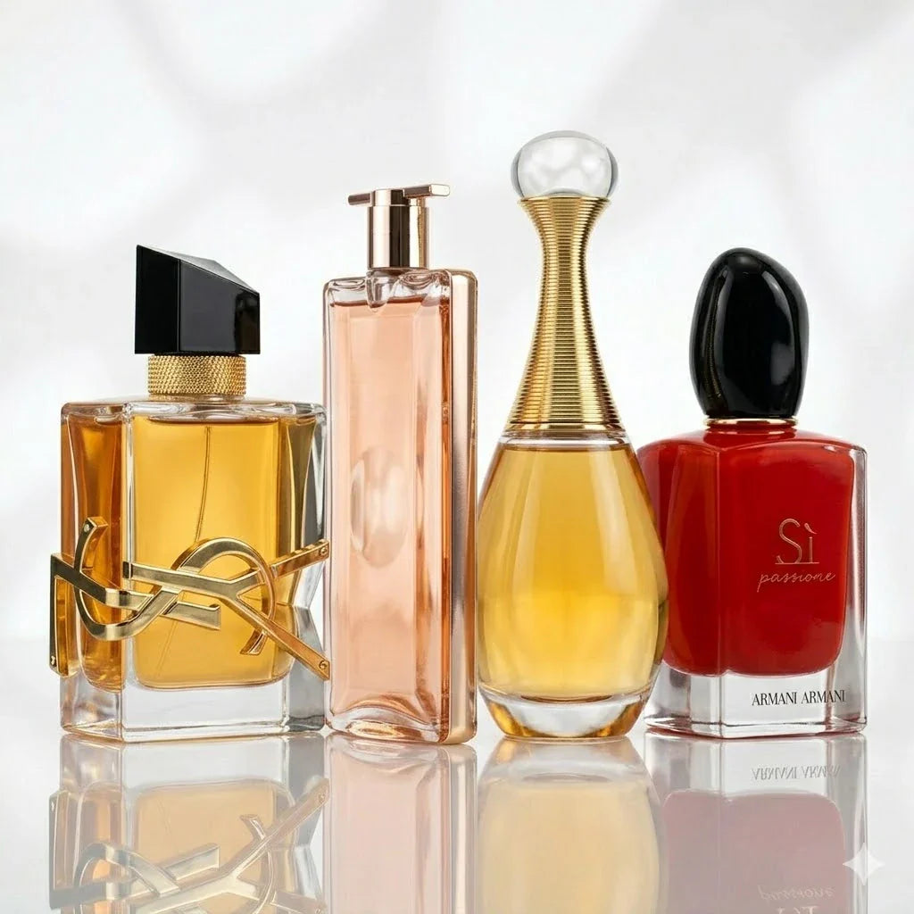 4 parfümből álló szett | YSL Libre Intense, Lancôme Idôle Now, Dior J'adore, Armani Sì Passione.
