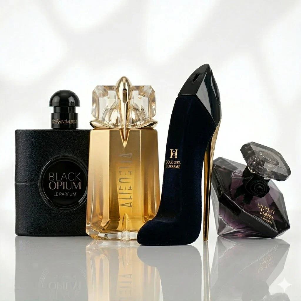 4 parfümből álló szett | YSL Black Opium Le Parfum, Mugler Alien Goddess, Carolina Herrera Good Girl Supreme, Lancôme La Nuit Trésor