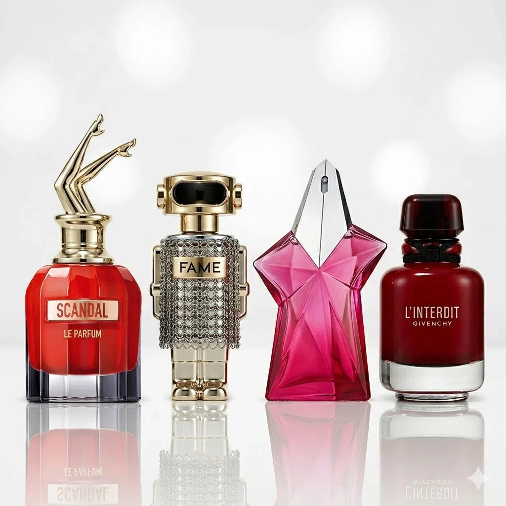 4 parfümből álló szett | Jean Paul Gaultier Scandal Le Parfum, Paco Rabanne Fame, Mugler Angel Nova, Givenchy L'Interdit Rouge