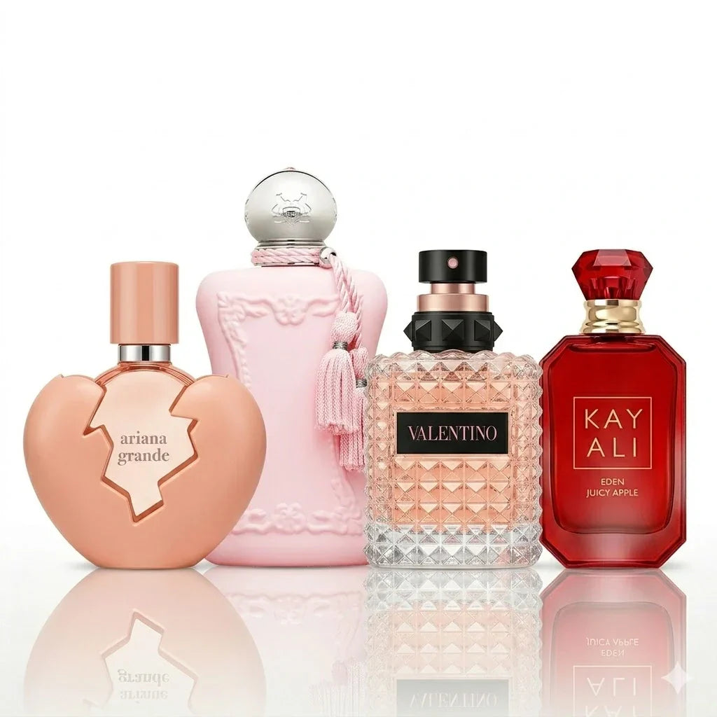 4 parfümből álló szett | Ariana Grande Thank U Next, Parfums de Marly Delina Exclusif, Valentino Donna Born In Roma e Kayali Eden Juicy Apple.
