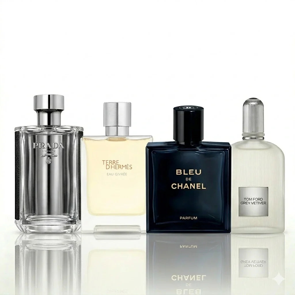 4 parfümből álló szett | Prada L’Homme, Terre d’Hermès Eau Givrée, Bleu de Chanel Parfum, Tom Ford Grey Vetiver
