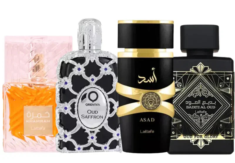 4 parfümből álló szett | Asad, Oud For Glory, Khamrah, Oud Saffron